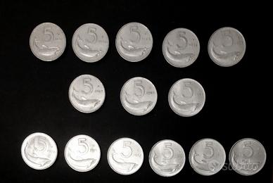Lotto 14 monete 5 Lire serie Delfino Repubblica It