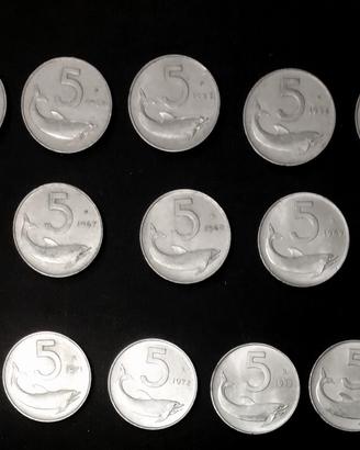 Lotto 14 monete 5 Lire serie Delfino Repubblica It