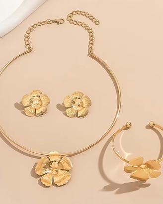 Set gioielli donna dorati con fiori - 4 pezzi