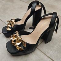 Sandali Donna Made In Italy Neri Con Catena Oro