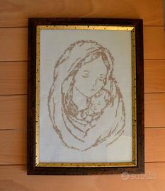 Quadro ricamo punto croce Madonna con bambino