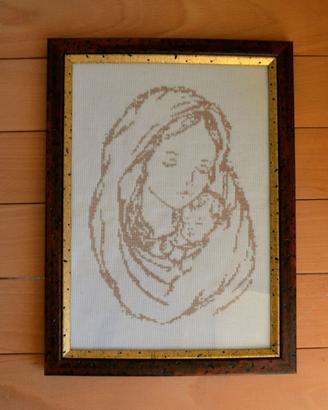 Quadro ricamo punto croce Madonna con bambino