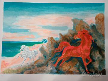 Aligi Sassu - Litografia "Cavalli in riva al mare"
