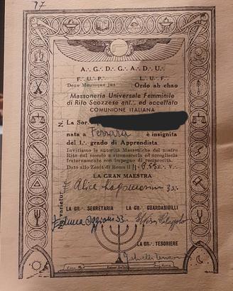 Certificato Massoneria Universale Femminile,  1955