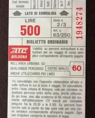 Biglietto ATA Bologna Autobus ordinario Lire 500