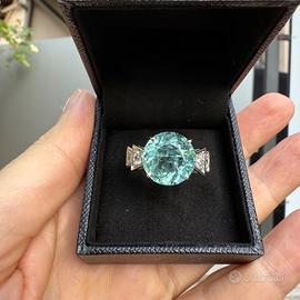 Anello Acquamarina e Diamanti, Oro Bianco 18kt