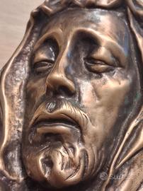 Volto di Cristo vintage in bronzo, corona, firmata