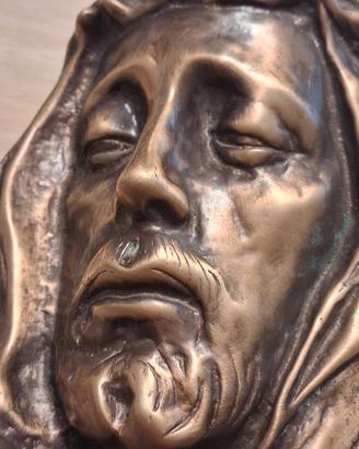 Volto di Cristo vintage in bronzo, corona, firmata