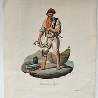Venditore di Pesci Litografia antica originale