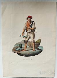 Venditore di Pesci Litografia antica originale