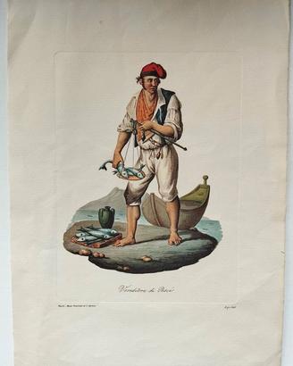 Venditore di Pesci Litografia antica originale
