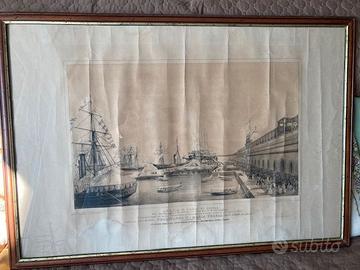 Quadro stampa antica, porto di Napoli metà ‘800