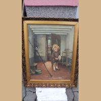 Quadro con bambino con gabbia di uccelli
