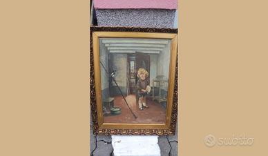 Quadro con bambino con gabbia di uccelli