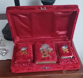 ANTICO PORTAGIOIE VELLUTO E SETA ROSSA 1880 3 PEZZ
