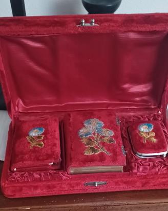 ANTICO PORTAGIOIE VELLUTO E SETA ROSSA 1880 3 PEZZ