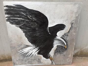 DIPINTO A MANO AQUILA NERA FONDO FOGLIA ARGENTO