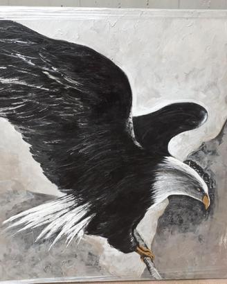 DIPINTO A MANO AQUILA NERA FONDO FOGLIA ARGENTO