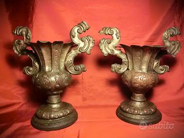 ANTICA COPPIA DI PORTAPALME DEL '600 IN RAME DORAT