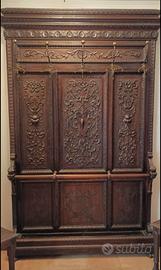 Appendiabiti legno intagliato + 2 sedie, anni 900