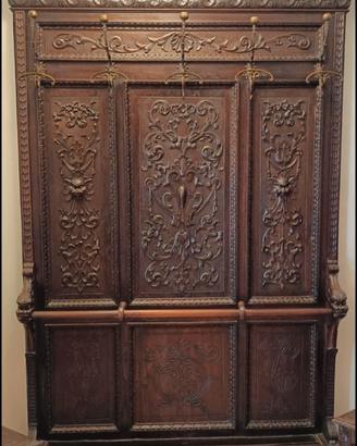 Appendiabiti legno intagliato + 2 sedie, anni 900