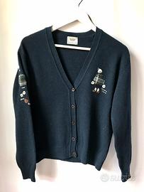 Cardigan donna blu scuro con patch ricamati, lana
