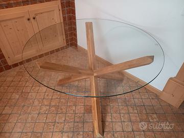 Tavolo nuovo rotondo in vetro e legno