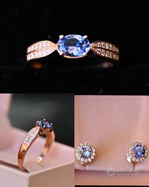 Anello e Orecchini in Oro Rosa con Tanzanite Blu..