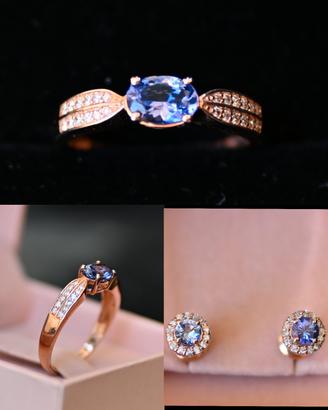 Anello e Orecchini in Oro Rosa con Tanzanite Blu..