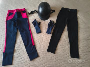 casco, pantaloni e guanti da equitazione 