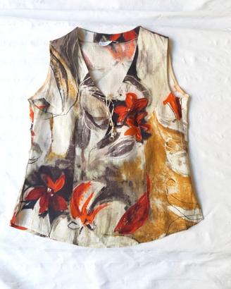 Blusa smanicata  floreale sfumato  100% Lino Nuova