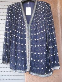 giacca seta  blu con ricami  di paillettes tg 44
