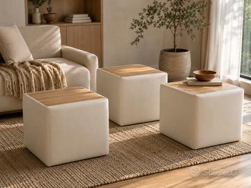 Set 3 puff cubici in ecopelle e legno 65x65 cm