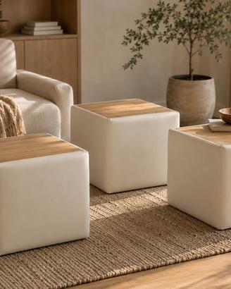 Set 3 puff cubici in ecopelle e legno 65x65 cm