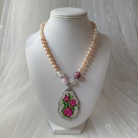 Collana Perle Vintage Quarzo Ialino Vetro Murano