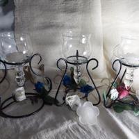3 portacandele vetro soff. base ferro,rose seta