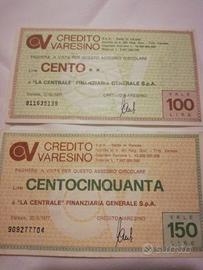 Miniassegni Credito Varesino lire 100 e 150 del 77