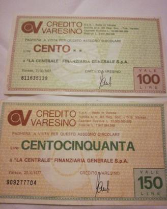 Miniassegni Credito Varesino lire 100 e 150 del 77