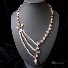 Collana Elegante Perle schegge Pietre quarzo rosa