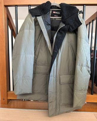 Piumino lungo uomo verde militare con cappuccio
