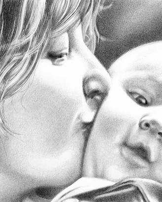 Disegno per nascita. Ritratto bimbo mamma.