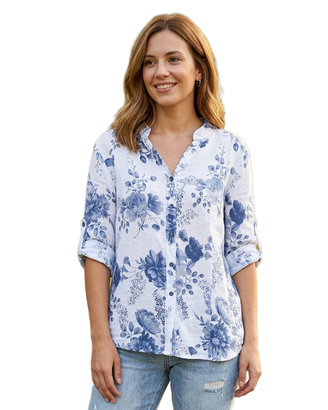 Camicia Blusa in lino floreale bianca e blu Tg XL
