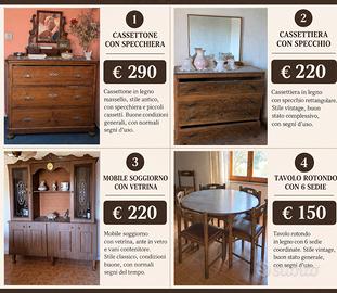 Canterano, cassettiera, credenza, tavolo e sedie