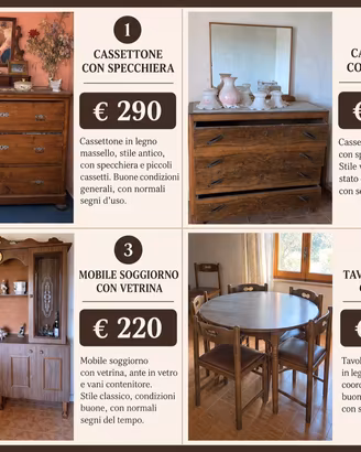 Canterano, cassettiera, credenza, tavolo e sedie