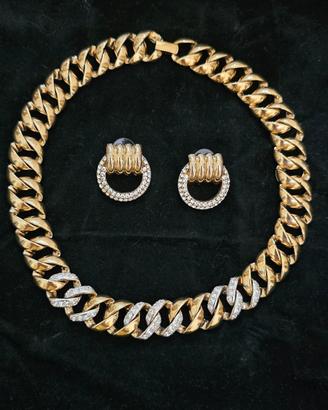 Orecchini +Collana Groumette Dorata/Strass Anni 80
