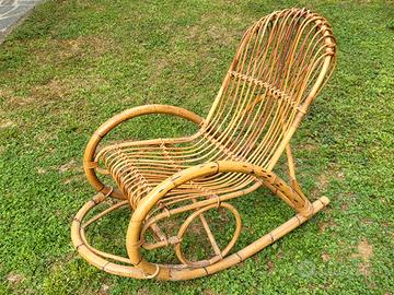 Sedia a Dondolo Vintage in Bambù e Giunco / Rattan