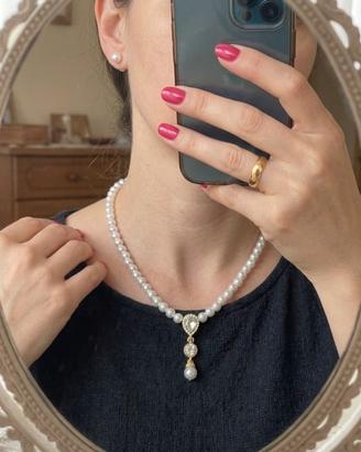 Set Collana Perle ciondolo Plac Oro18k e Orecchini