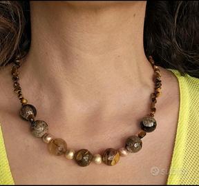 Collana in agata e occhio di tigre e argento 
