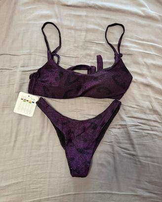 NUOVO Bikini Viola Lurex Glitter Animalier Tg 42