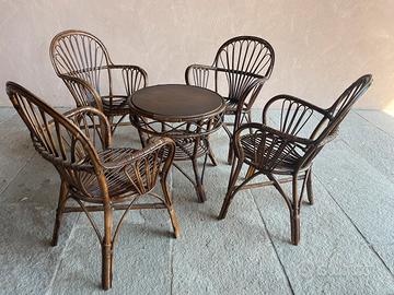 tavolino e sedie in vimini midollino d’epoca